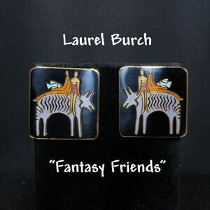 Laurel Burch Fantasy Friends Earrings Cloisonné Enamel Gold Plate 1980s